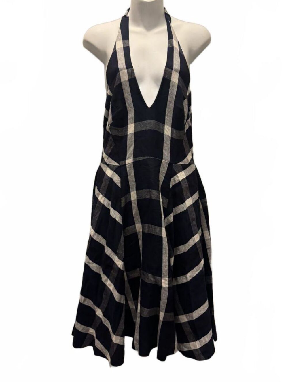 Eva Franco Women's Halter Midi Dress Navy Blue Plaid Linen Deep V-Neck Size 6